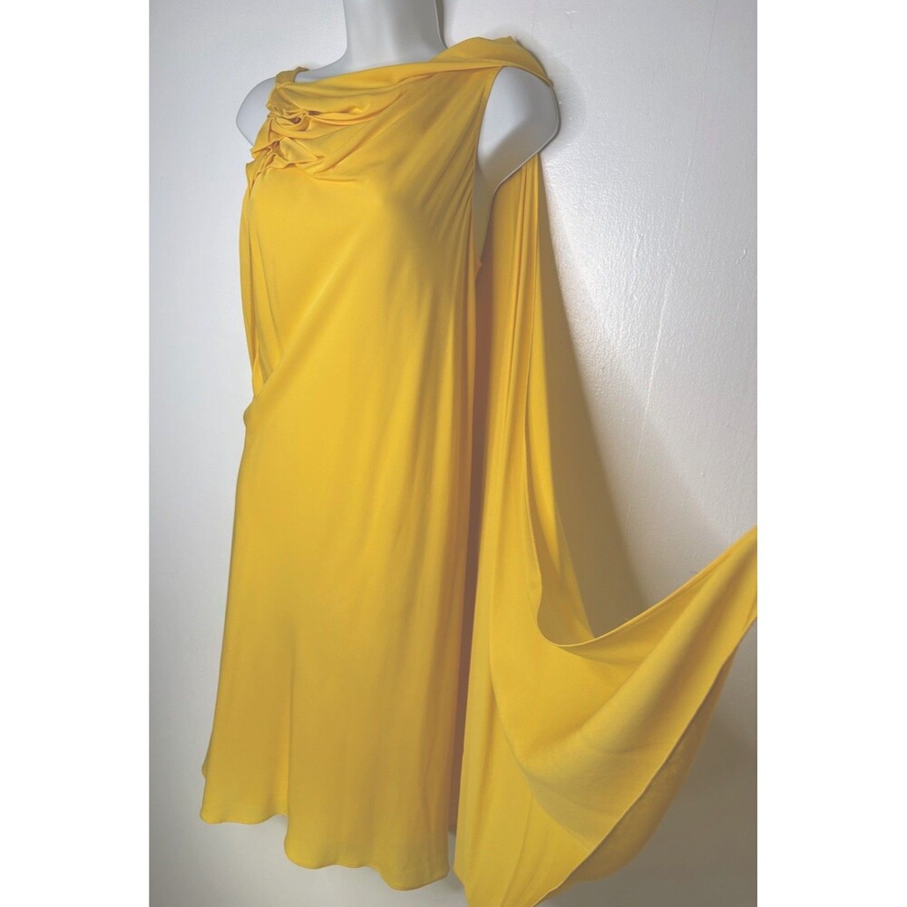 Leon Max Canary Yellow Silk Stretch Georgette Side Cape Dress Stunning  8